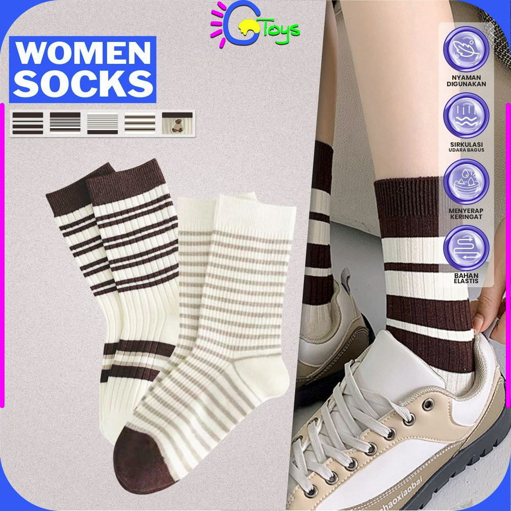 CR-P598 Kaos Kaki Panjang Motif Garis Coklat Bear / Kaus Kaki Olahraga Sebetis Unisex Kekinian Fashi