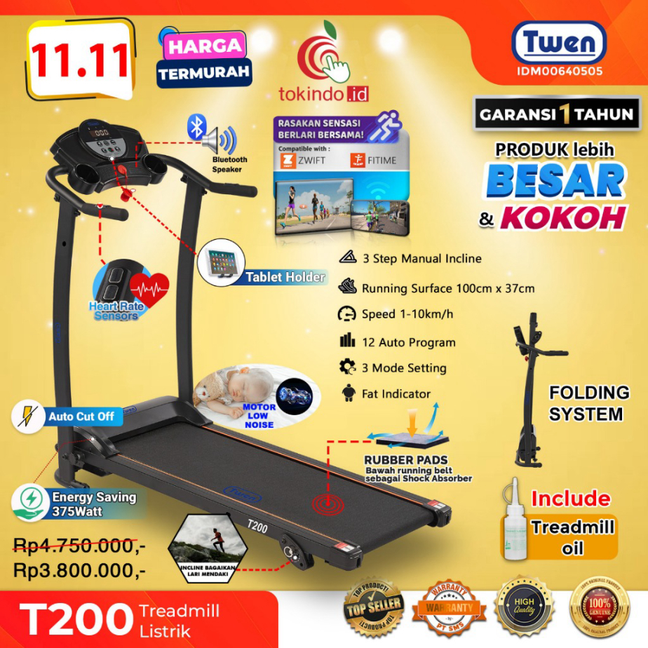 Ready Stock Twen T198 T198i T199 T200 T200WA Treadmill Elektrik Motorized Treadmill Listrik Treadmil