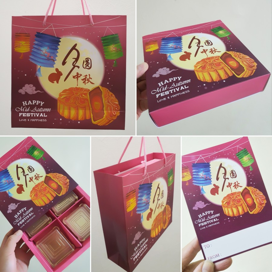 

( 5 Pcs ) Paket Hemat Dus & Paperbag Mooncake 100 gr Sekat 4 Ukuran Dus 19x19x5 cm " VIOLET RABBIT " Hampers Natal