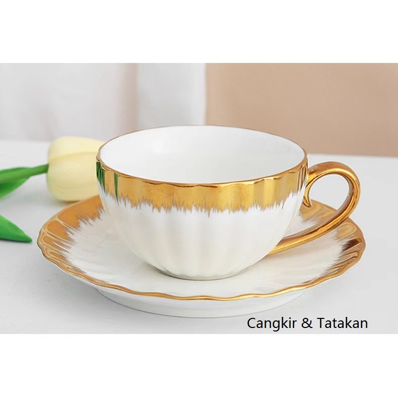 [ Hampers ] Set Tea Pot Cangkir Teko Kettle Ketel Poci Keramik Set  / Teapot Set Ribbon Gold / Teapot lucu / hampers teapot