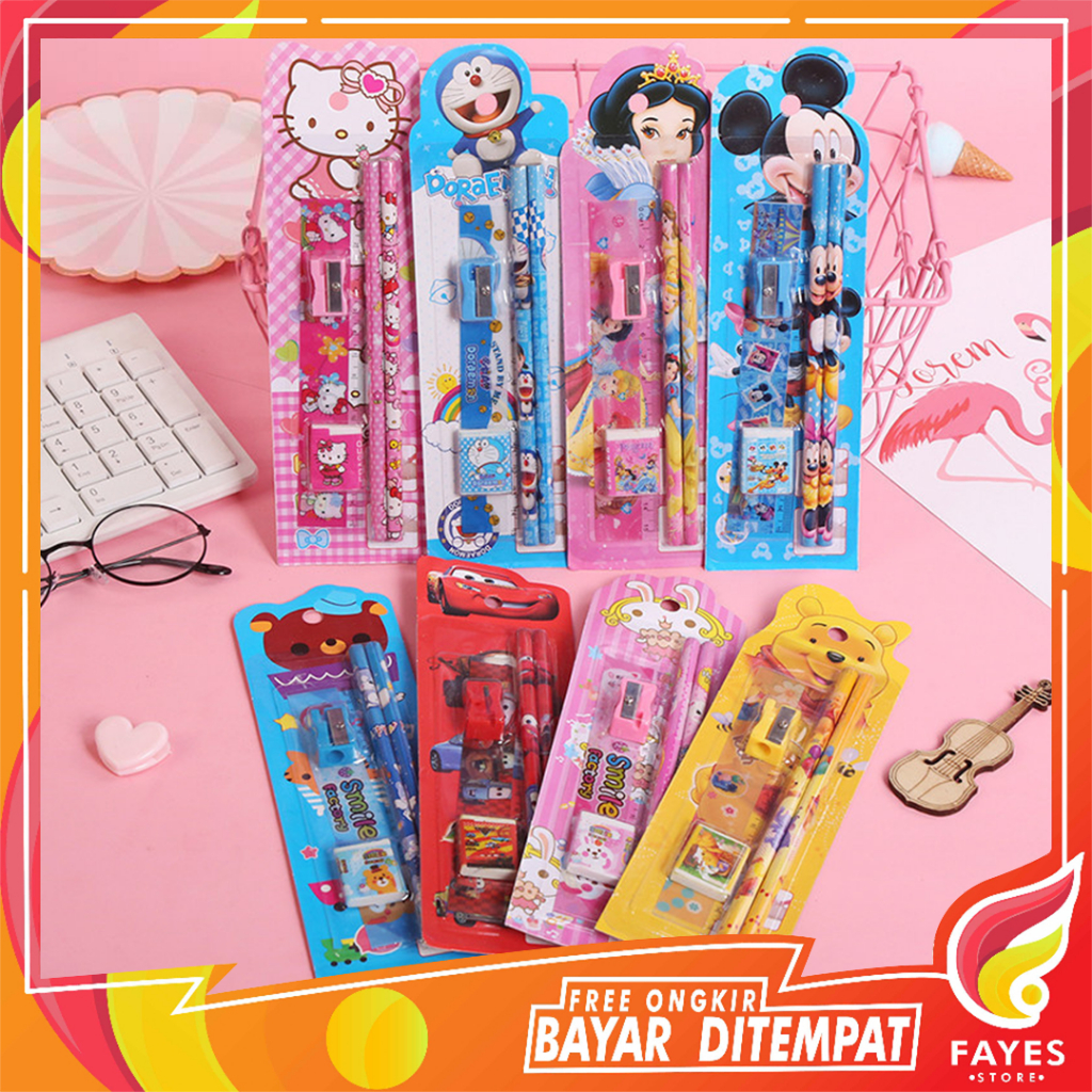 

FAYES COD Alat Tulis 5 in 1 Karakter / Paket Penggaris & Pensil Set / Mini Stationery Sekolah STY01