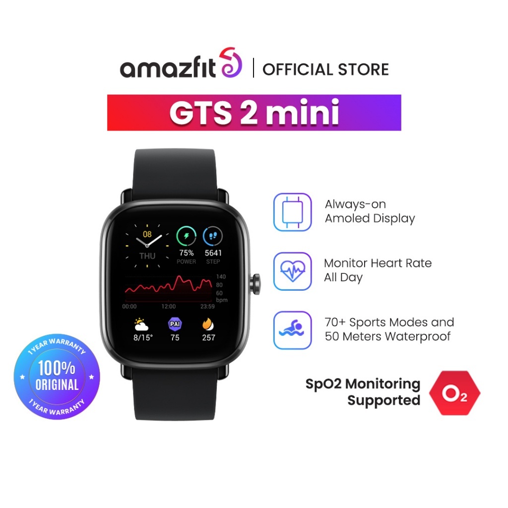 Amazfit Official GTS 2 Mini Smartwatch 1.55" AMOLED Screen GPS Jam Tangan 5 ATM Waterproof 70 Sports