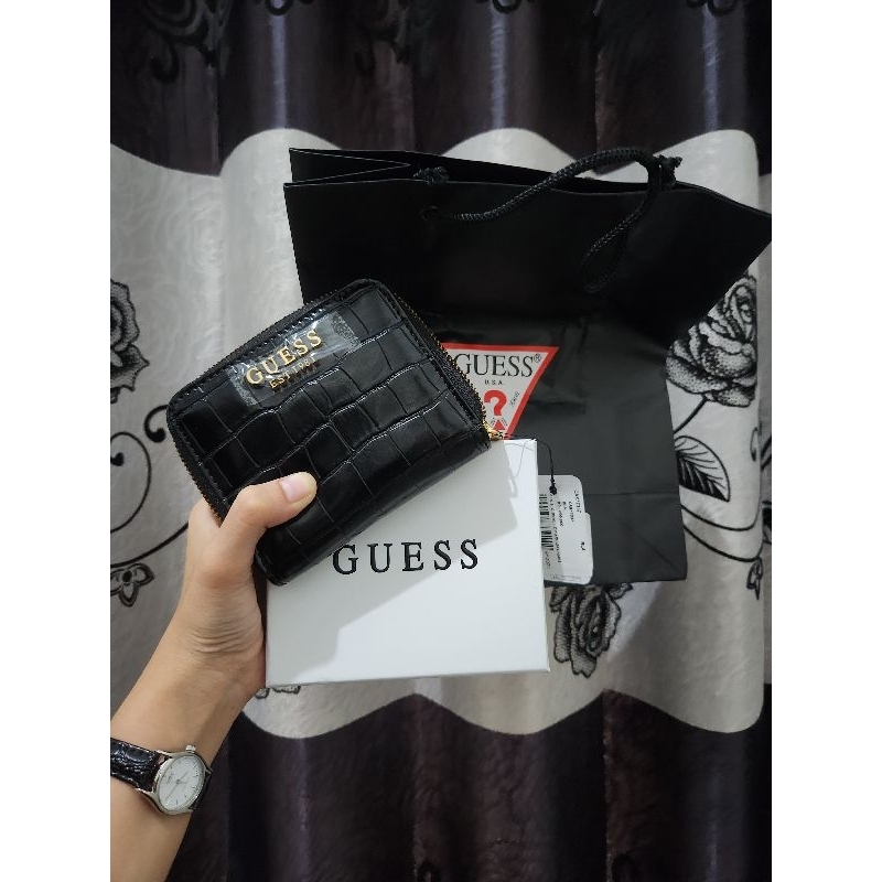 GUESS WALLET BLACK ORIGINAL COUNTER | Dompet guess lipat kecil berzipper 100% ori black croco