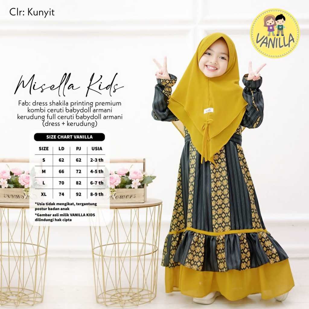 MISELLA KIDS BAJU GAMIS VANILLA KIDS BAJU LEBARAN GAMIS MOTIF SUDAH TERMASUK JILBAB