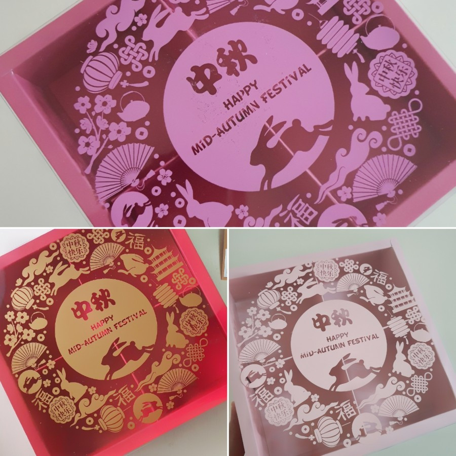 

( 5 Pcs ) Dus Mika Mooncake 100 gr Sekat 4 Varian Warna Ukuran 19x19x5 cm Hampers Natal Mika Gold Transparan