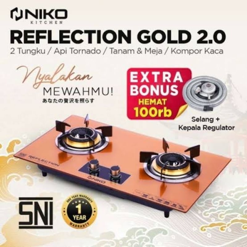 KOMPOR NIKO TEMPERED GLASS GAS STOVE REFLECTION GOLD 2.0 TOP ON TABLE MEJA TANAM DITANAM PELAT PLAT 