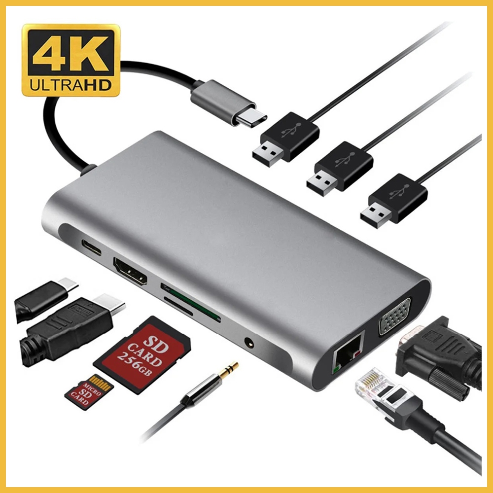 EASYIDEA USB Type C Hub 10 in 1 HDMI VGA USB 3.0 RJ45 Card Reader - VD76