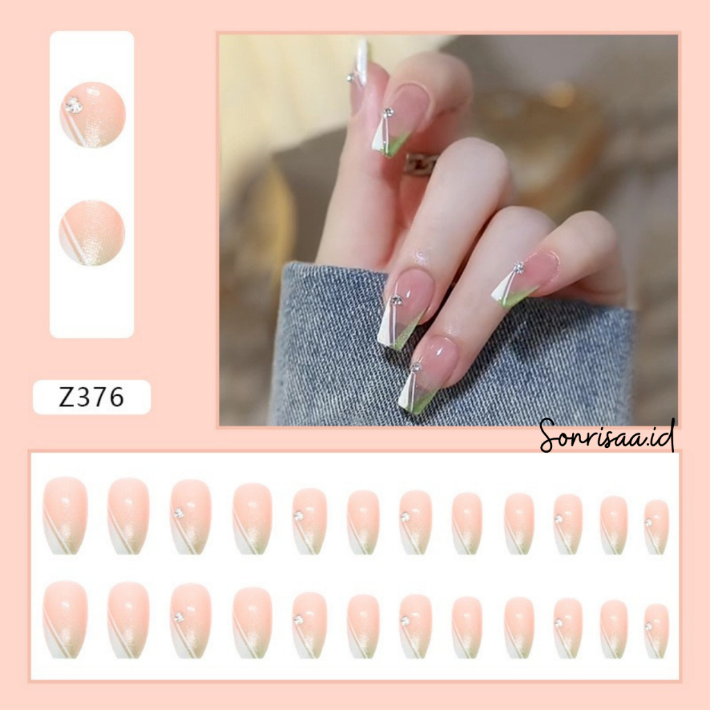 Kuku Palsu 3D Wedding Nails Elegant Hijau Transparan 24pcs (Z376) / Fake Nail / Kuku Palsu Pengantin