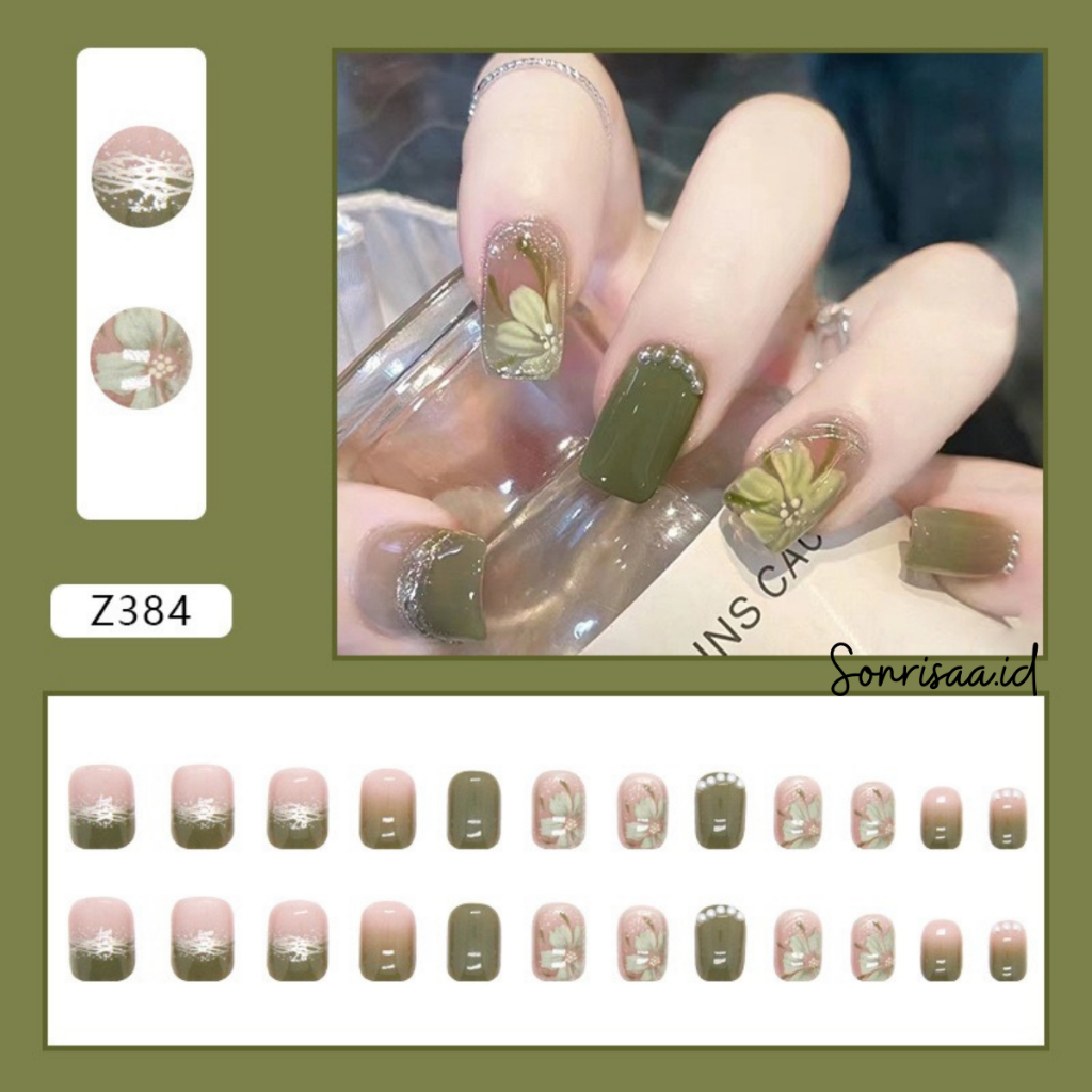 Kuku Palsu 3D Bunga Mutiara Hijau Army 24pcs (Z384) / Fake Nail / Kuku Palsu Pengantin / Kuku Palsu 