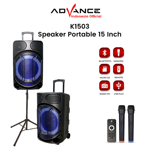 Speaker 15 Inch Subwoofer Advance K1503 Bluetooth Salon Aktif Portable Gratis 2 Mic Wireless
