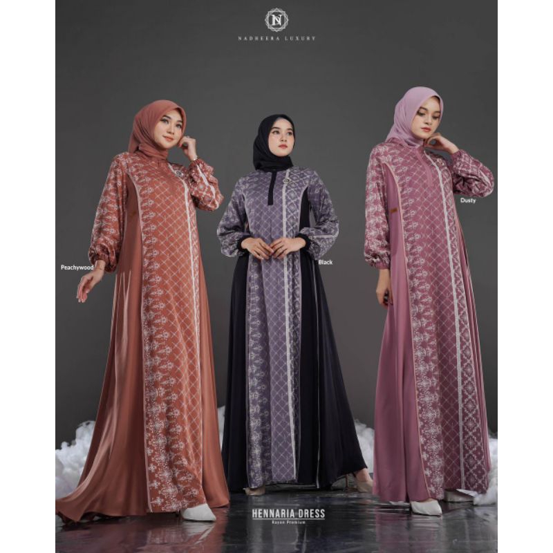 COD ✅ READY STOK Hennaria Dress Gamis Nadheera Luxury Terbaru Gamis Rayon Motif Size Kecil sampai Ju