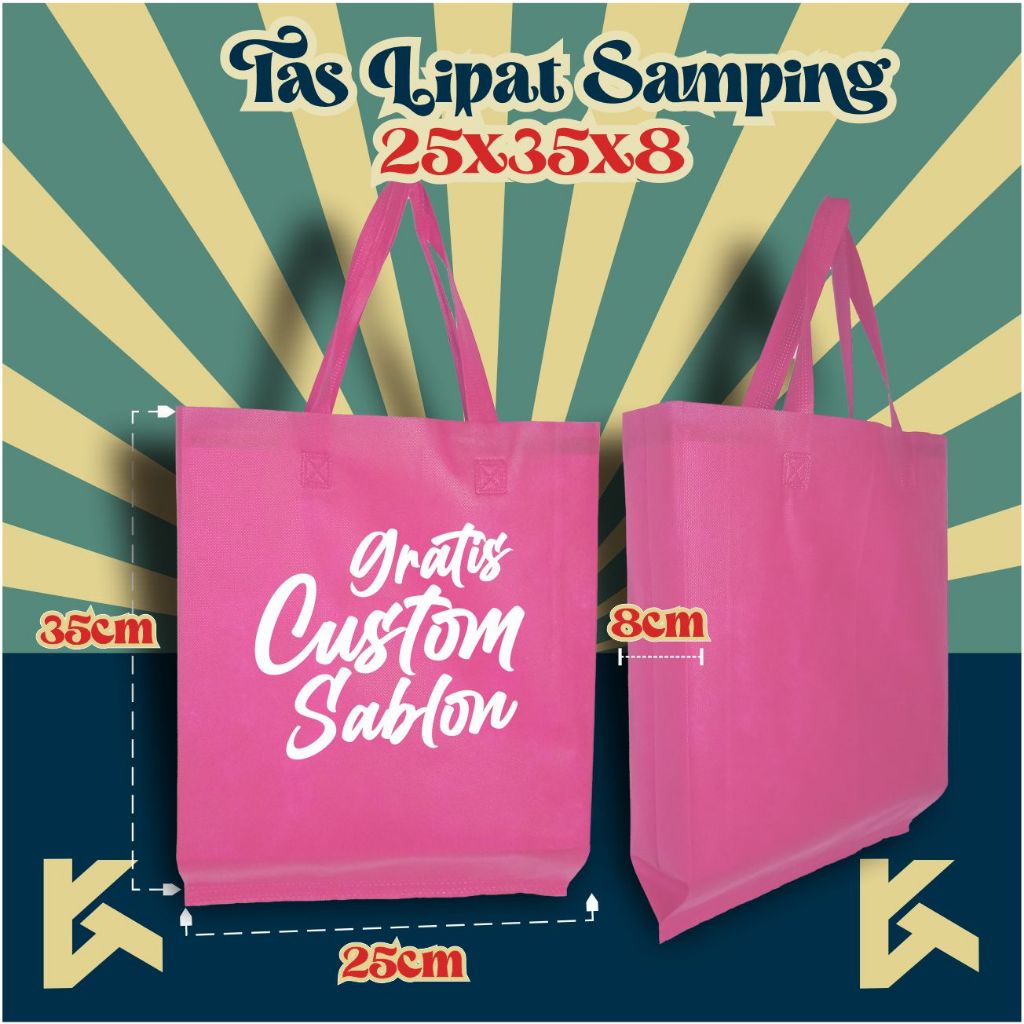 

Tas Spunbond 25X35x8 Tas spunbond sukuran nikahan seminar tas mengenang Goodybag 25X35x8 Model Tali lipat samping seminar