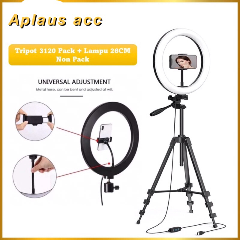 Paket Komplit Ringlight 26cm Non Pack + Tripod 3120 Pack Make Up Vlog Selfie