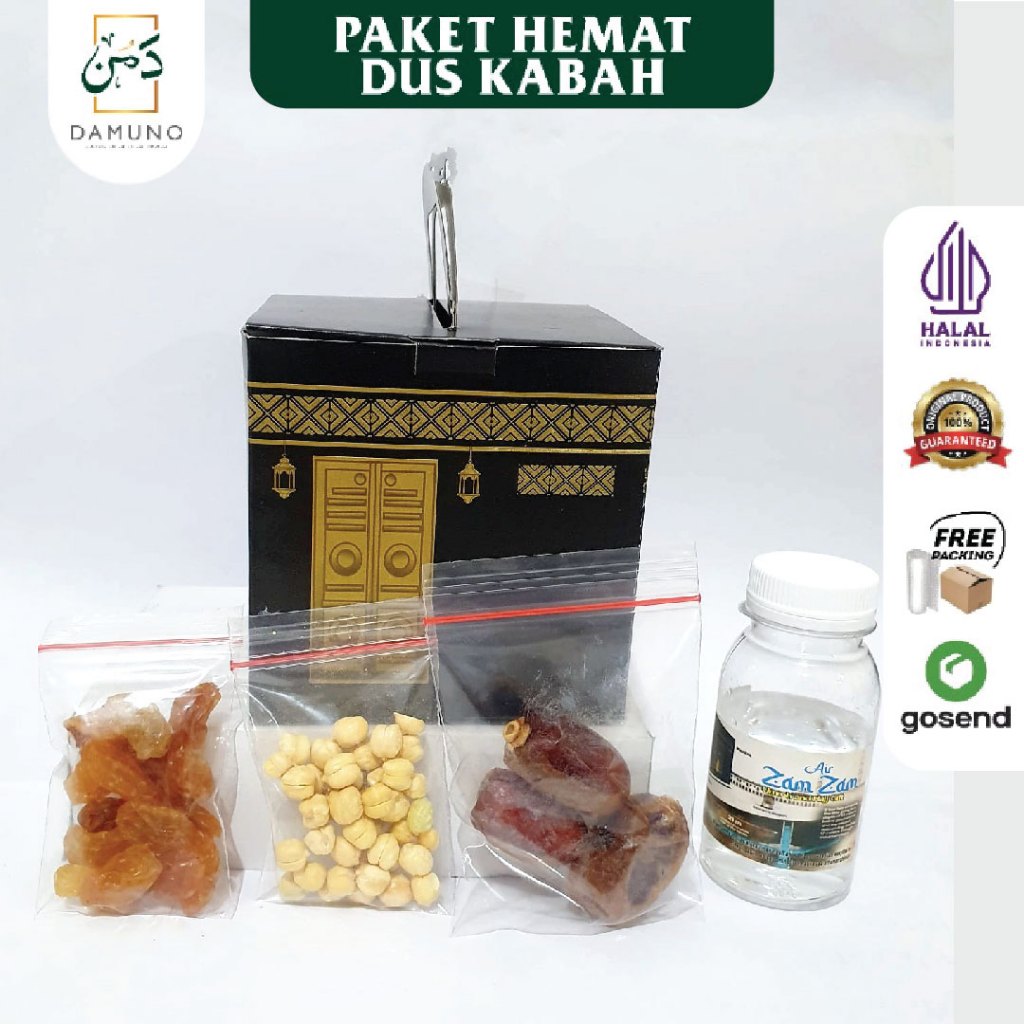 

Paket HEMAT Oleh Oleh Haji dan Umroh dus kabah Air Zamzam ori + botol 80ml+Kurma Khalas +Kismis+ Kacang Arab