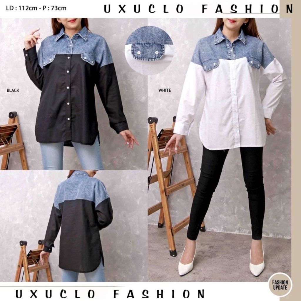 Kemeja Wanita Denim Kombinasi Cotton Lengan Panjang/Denim Shirt Wanita/Kemeja Wanita Denim Oversize/