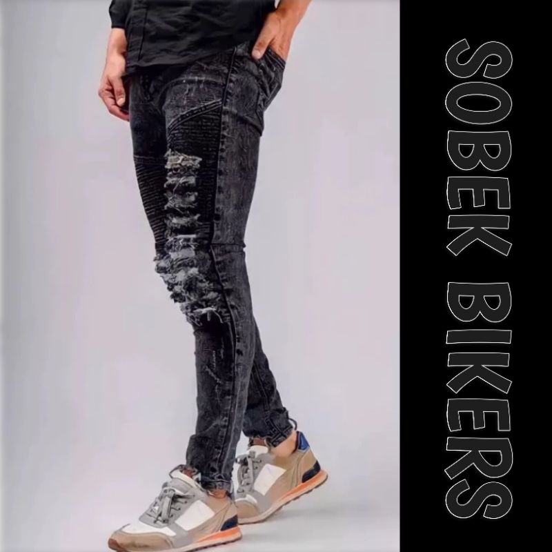 Celana Jeans Bikers Rider Ripped - Celana Jeans Pria Sobek Ripped