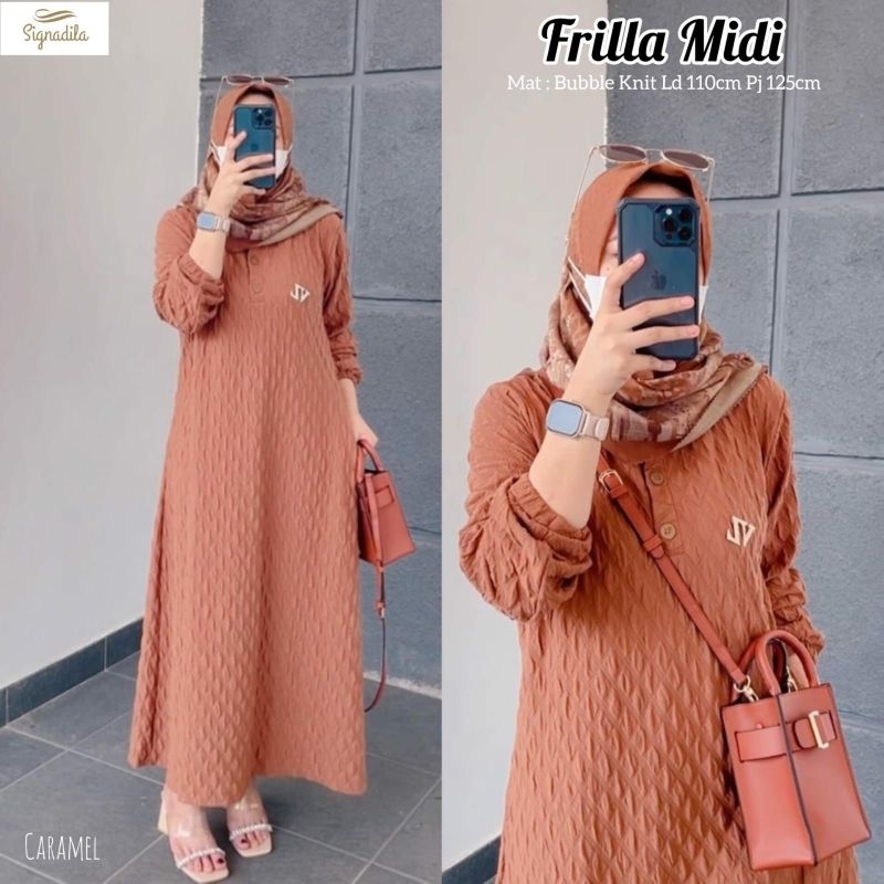 Midi maxy bahan kaos modis kekinian frilla by signadila LD 110 matt knitt gamis wanita