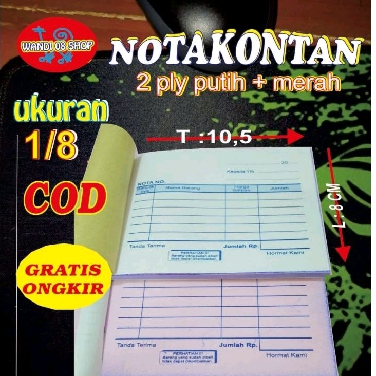 

nota kontan 2 ply ukuran 1/8 folio isi 25 sheet. READY STOCK