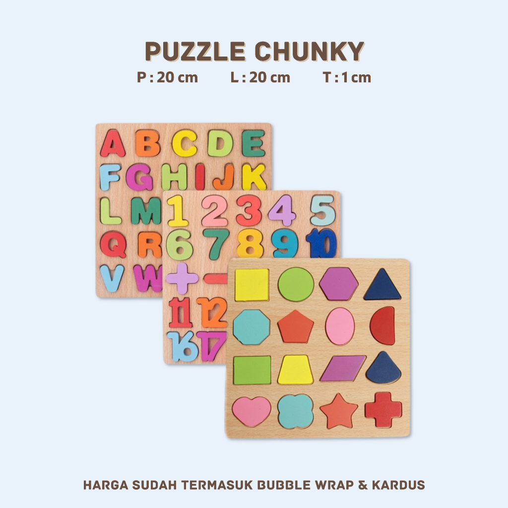 Puzzle Kayu Chunky 3D Timbul Huruf Angka Bentuk Warna