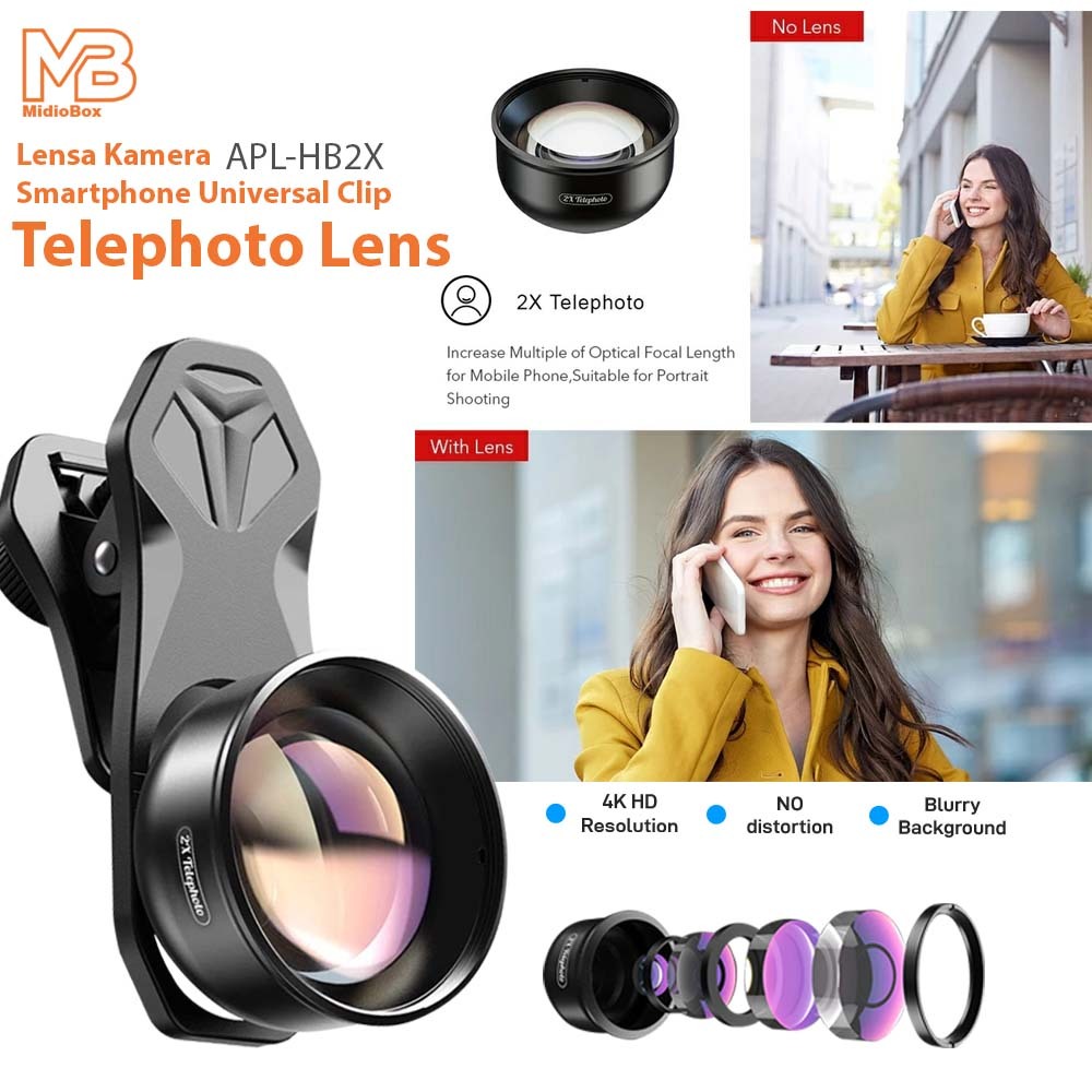 APEXEL Lensa Kamera Smartphone Universal Clip 2X Telephoto Lens