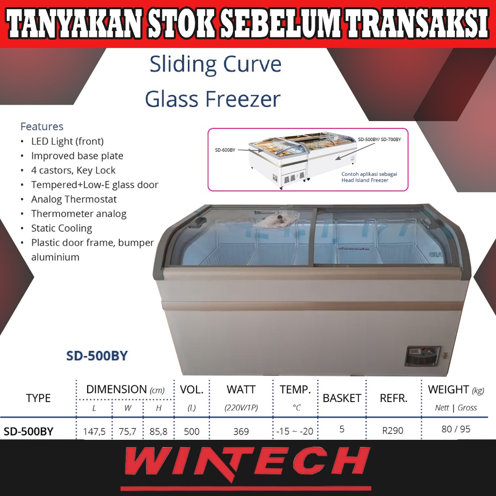 Gea SD-500BY Sliding Curve Glass Freezer - Freezer Box Kaca Geser Kapasitas 500 L - Freezer Kaca Cem