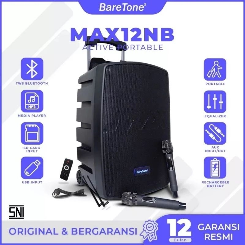 Speaker Portable Baretone MAX12NB Bluetooth Guitar Effect Reverb 3 Way Free 2 Mic Wireless