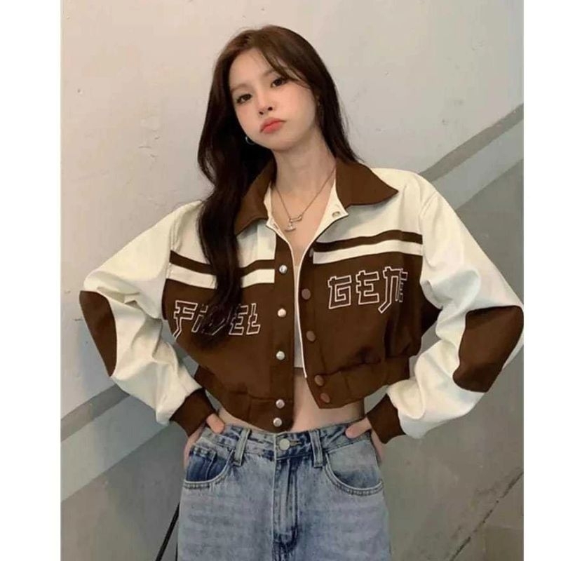 Jaket crope wanita - Y2K jaket baseball varsity wanita korean style
