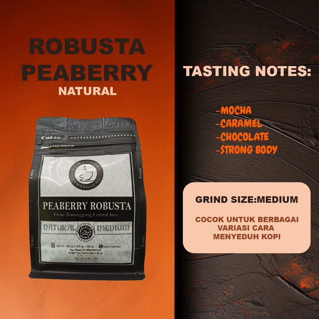 

Kopi Robusta Peaberry Natural Temanggung 200gr