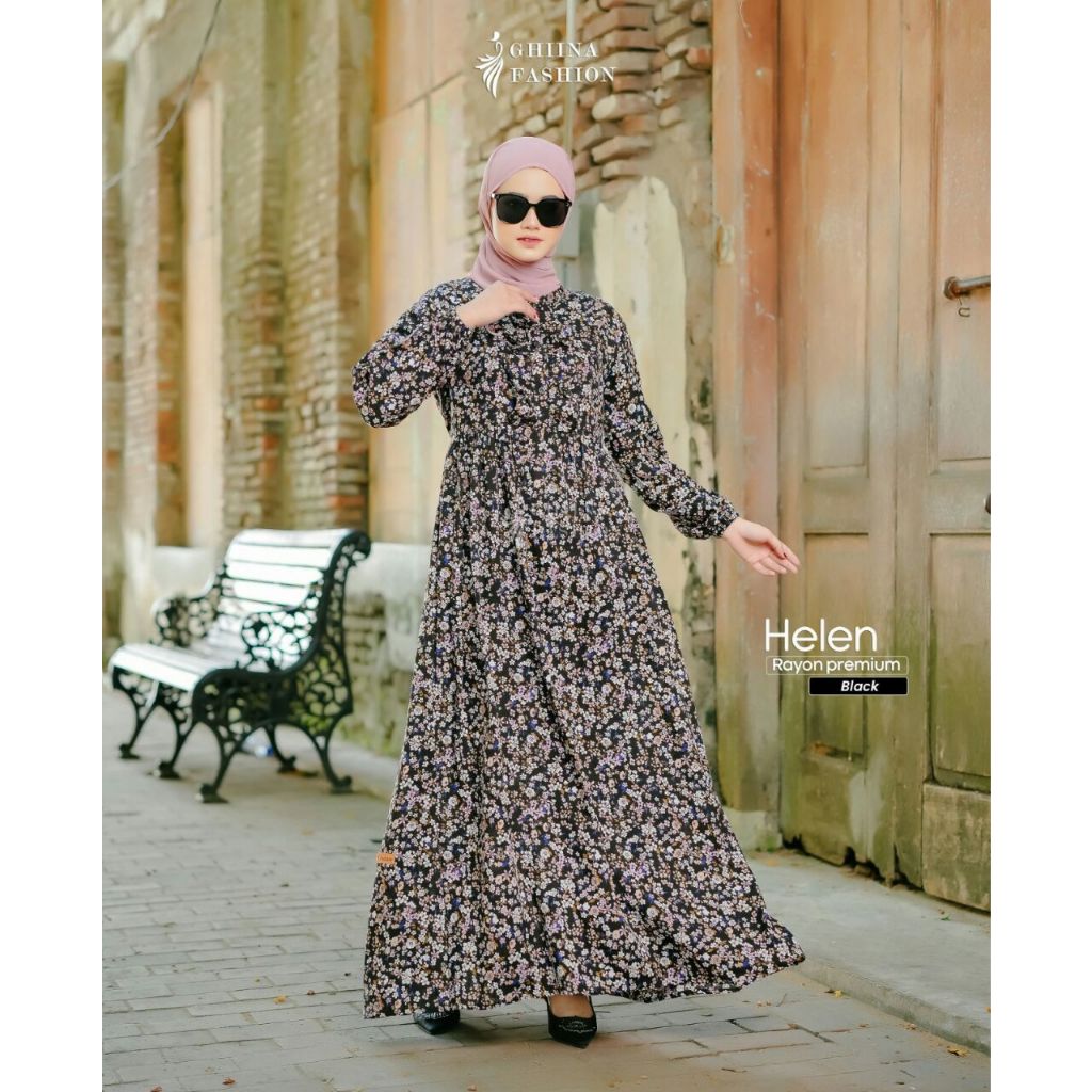 Dress Ghina Fashion Terbaru Helen Dress Rayon Premium Motif Bunga Arrafi Terbaru Ejamas Store