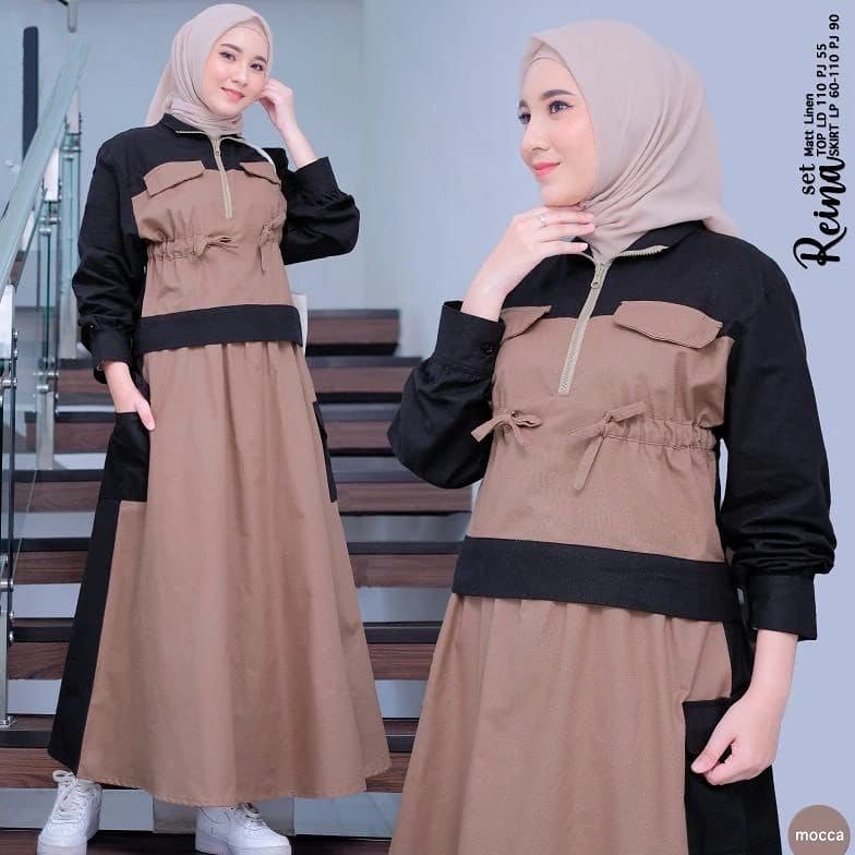 PROMO REINA SET Baju Setelan Wanita Bahan Linen M L XL 2warna Setelan Atasan Dan Rok Ootd Hijab Keki