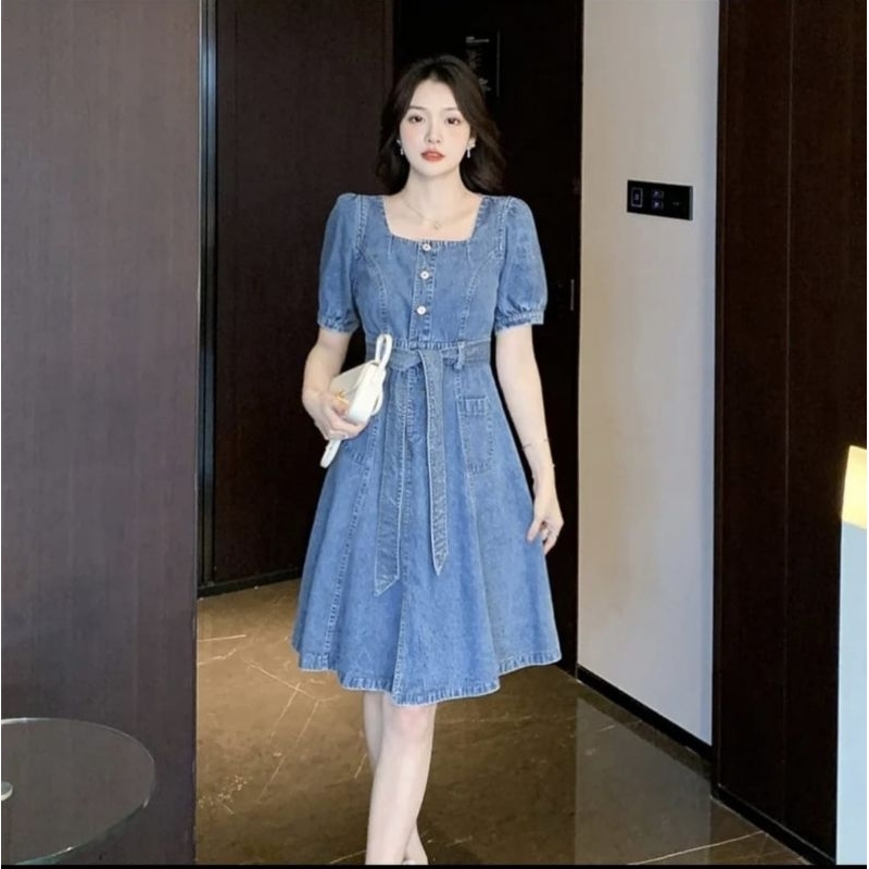 DRESS JEANS WANITA LENGAN PENDEK +TALI PINGGANG