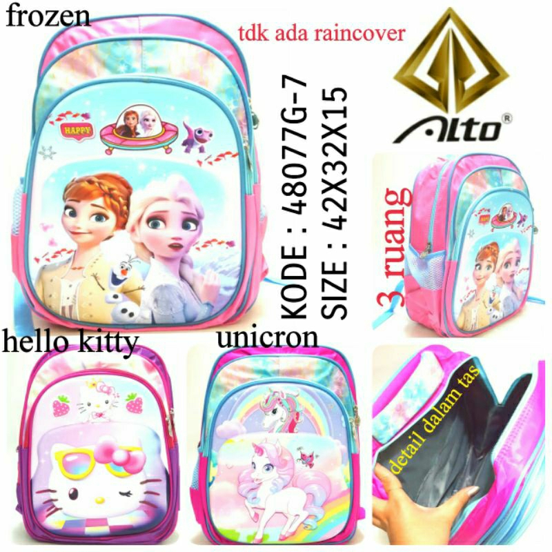 Tas Ransel 3D Timbul Anak Perempuan Original Alto 48077G-7 Motif Frozen Unicorn Hello Kitty Terbaru