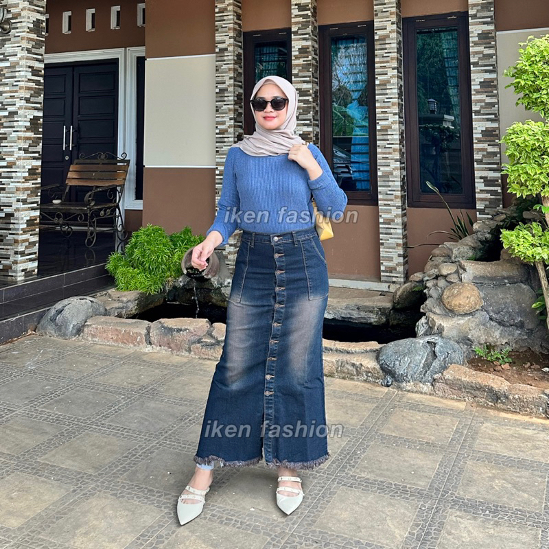 Rok Jeans Panjang Aplikasi Kancing / Rok jeans Gisca / Rok Jeans Panjang wanita