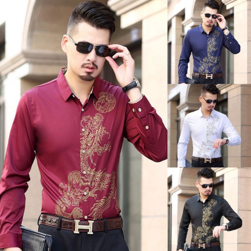 K28 M-7XL Kemeja pria impor motif naga silky glossy baju pesta pria baju kondangan pria kemeja lenga