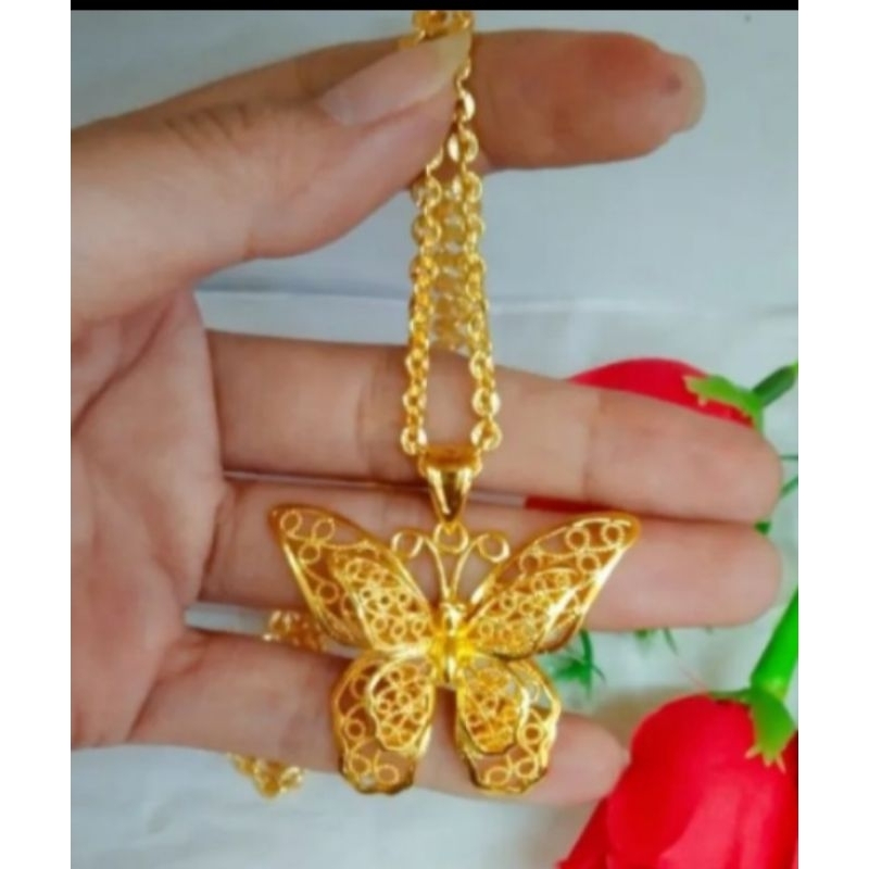 promo.....kalung panjang 60cm & liontin kupu emas muda 2gr kadar 700 free surat dapat dompet