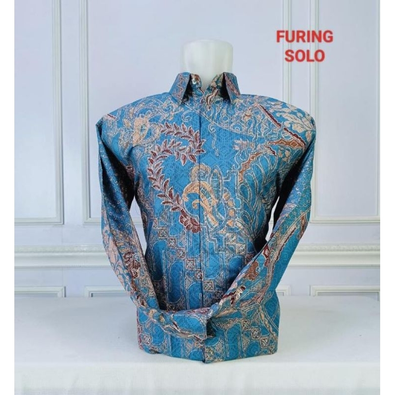 Kemeje batik pria premium lengan panjang katun solo lapis furing biru tosca