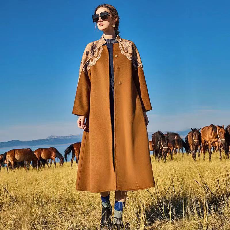 Mantel Wol Dua Sisi Retro untuk Wanita Mantel Wol Dua Sisi Panjang Menengah Baru