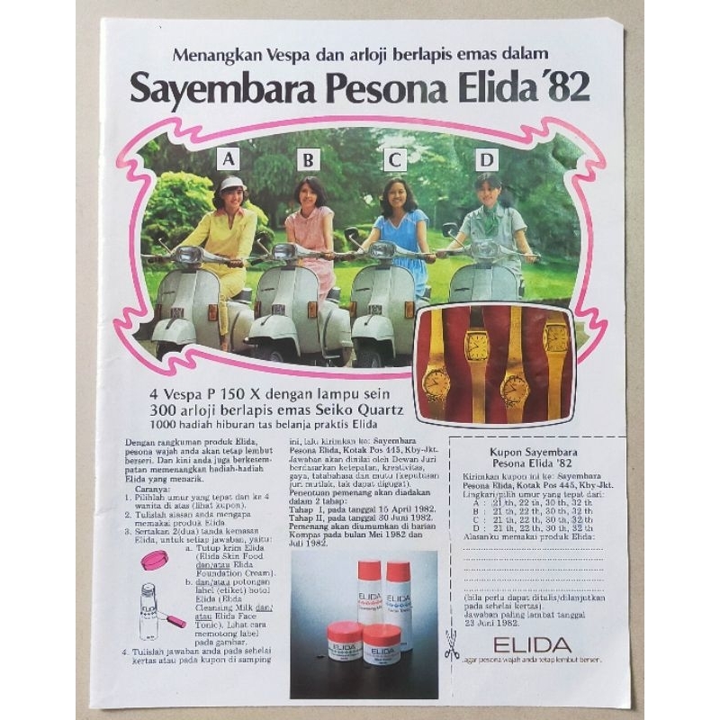 Iklan jadul Undian Elida Berhadiah Vespa P150X - original dari majalah thn 1982