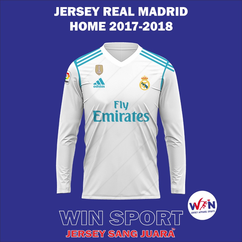 Stelan Sepak Bola Jersey REAL MADRID HOME 2017-2018 Lengan Panjang Ronaldo Liga Champions UEFA, Jersey Bola Desain Full Printing, Free Custom Nama dan Nomor Punggung, Tersedia Ukuran Dewasa dan Anak