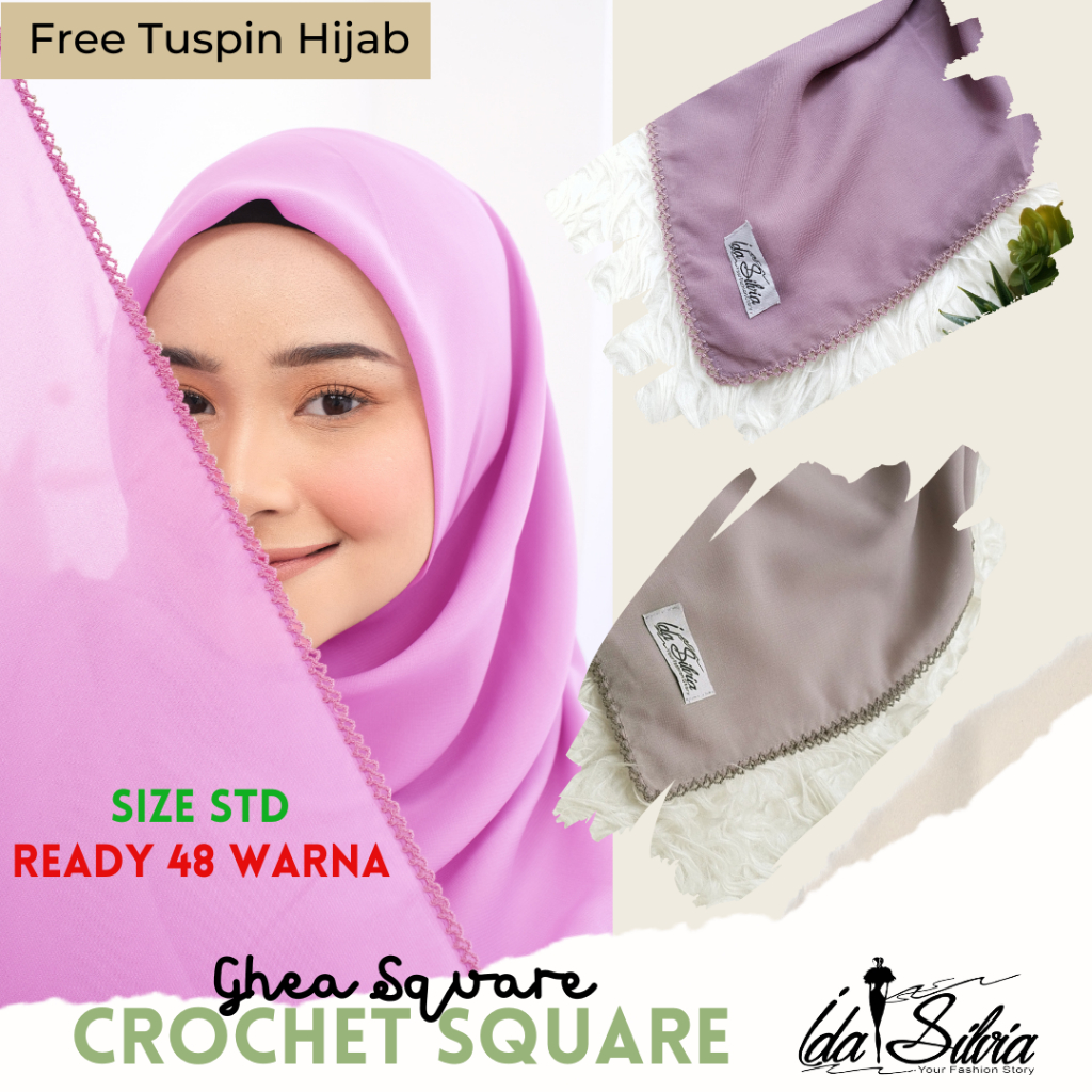 Crochet Square Jilbab Segiempat  Embroidery Kerudung Segi Empat tepi rajut Hijab square Picot Premiu