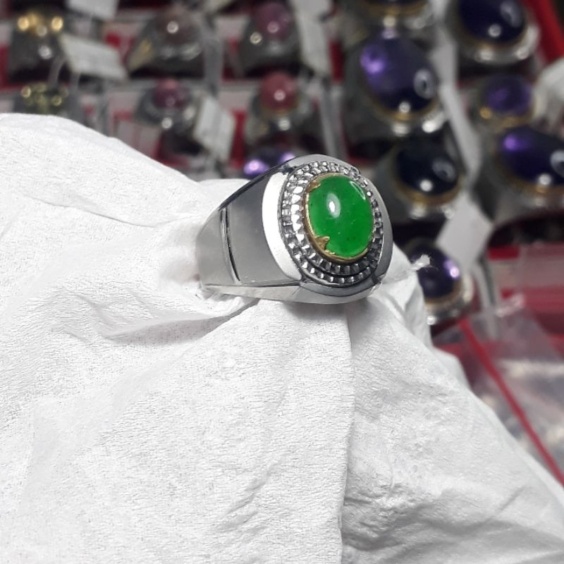 cincin batu permata asli  natural giok Burma . emban ikat ring monel super doff handmade