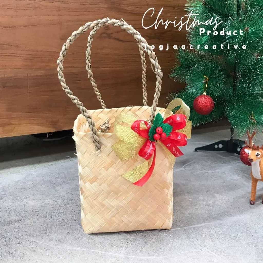 [CHRISTMAS EDITION] TAS BESEK 15 X 15 CM HIAS PITA NATAL/ tas bambu tas jinjing hampers natal tas mu