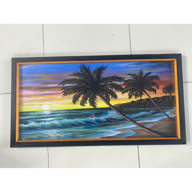 Hiasan Dinding Lukisan Cetak pemandangan tepi pantai sunset pohon kelapa plus bingkai uk:50cm x 100c