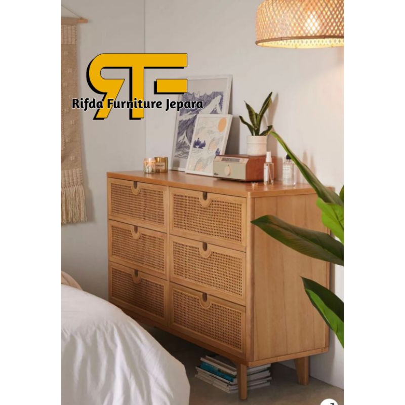 Nakas Jati Rotan Bedside laci 6 ( Nakas Rotan minimalis, Nakas bedside rotan )