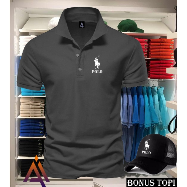 Bonus Topi . Kaos Kerah Pendek Ralph Text Putih Terbaru  Baju Lengan Pendek Premium Quality >Af_Fash