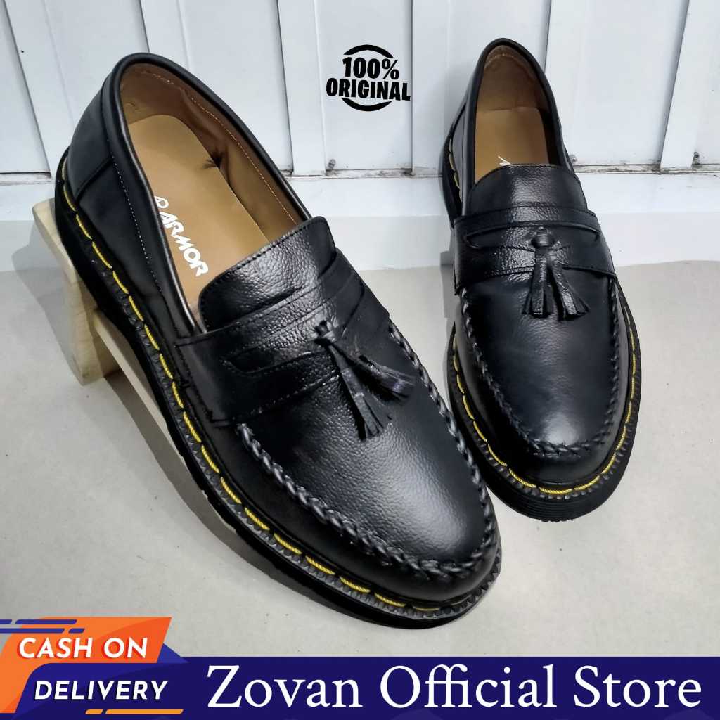 Sepatu Loafers Dogmart Hitam Pria Kulit Asli Slip On Penny Formal Kerja Zovan Tassel Lovers