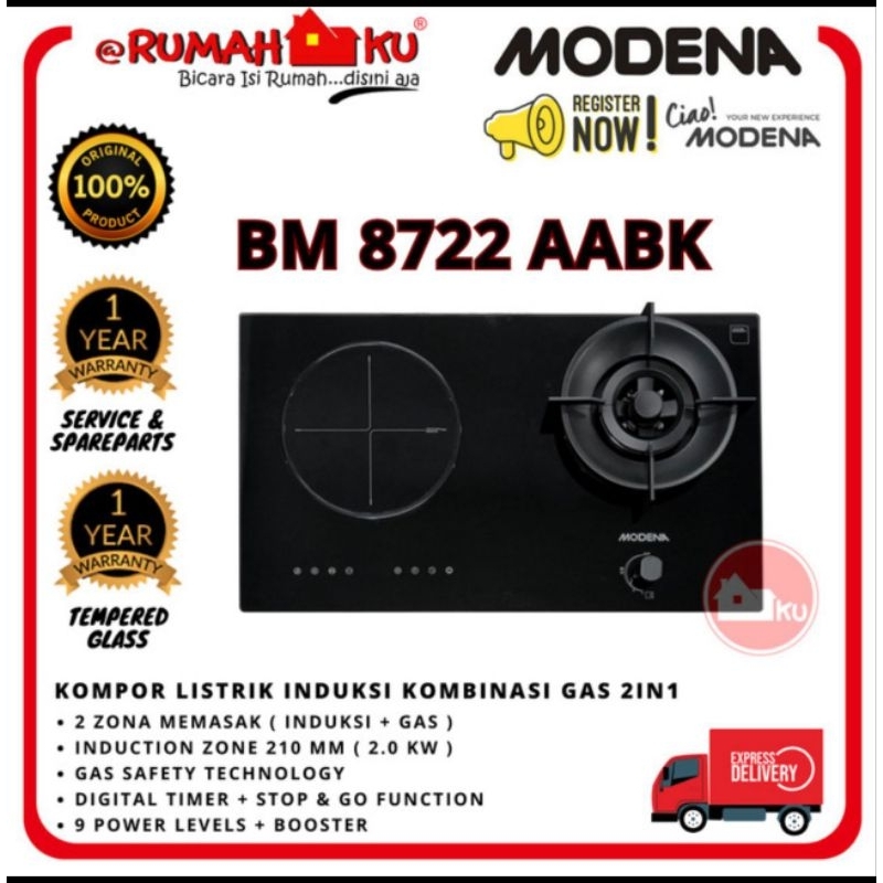 Kompor Tanam Listrik Induksi dan Gas BM 8722 AABK Modena 2 Tungku