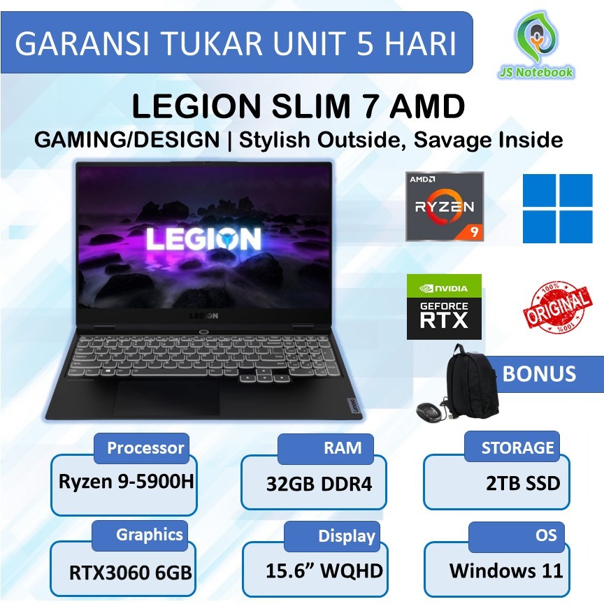 Lenovo Legion Slim 7 Amd Ryzen 9-5900HX 32GB 2TB Ssd RTX3060 6GB Win11