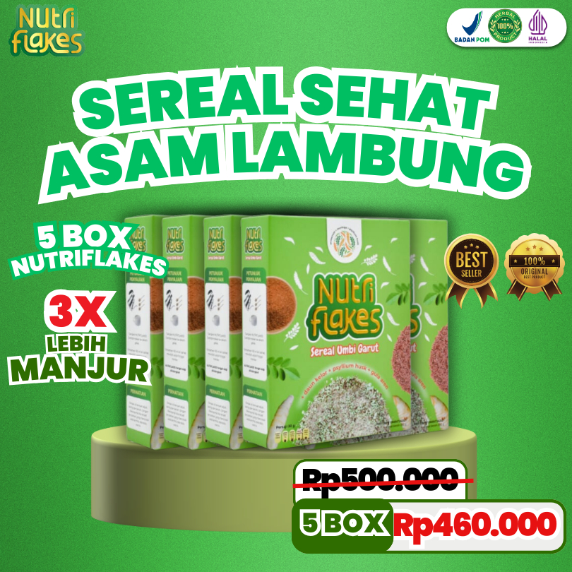 

PAKET 5 BOX NUTRIFLAKES ORIGINAL - SEREAL BANTU MENGOBATI ASAM LAMBUNG MAAG GERD