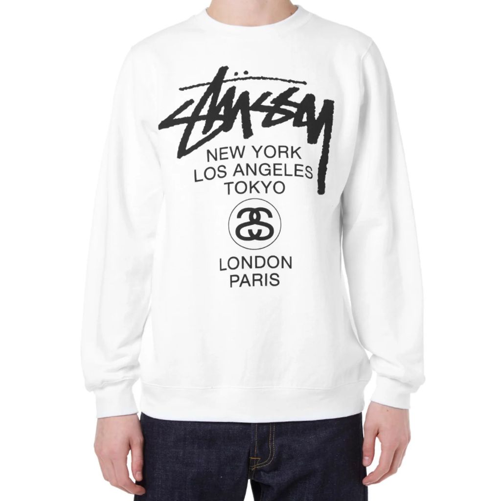 STUSSY World Tour Crew White Sweatshirt Sweater Crewneck - ORI